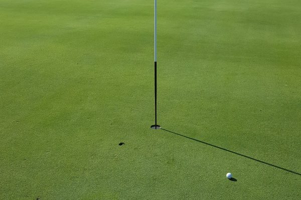 golf green with yellow flag and golf ball near hole